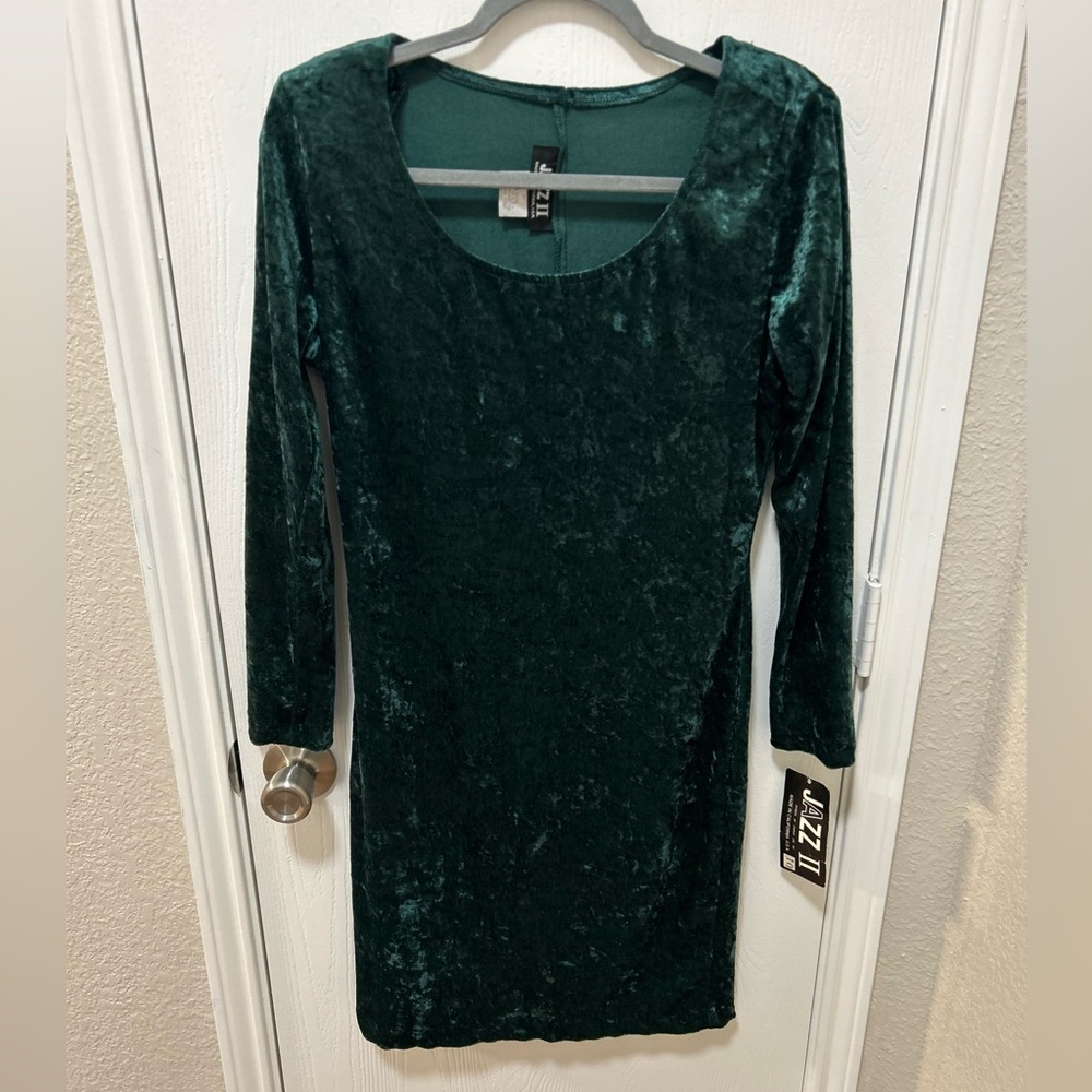 Jazz II Vintage 90s Crushed Velvet Dark Green Mini Dress Whimsigoth Witchy Sz 10